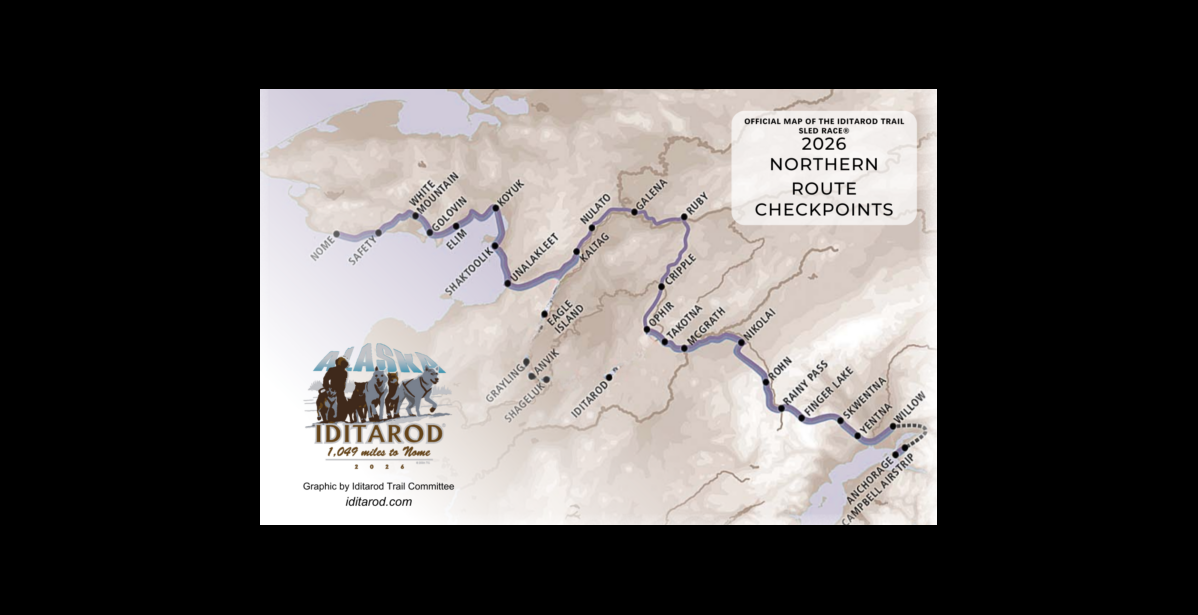 Map courtesy Iditarod Trail Committe The 2026 trail follows the Northern Route.