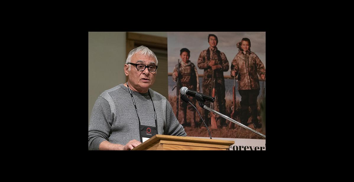 Photo courtesy ICC FOOD SECURITY – James Stotts of Utqiagvik, President of ICC Alaska, speaks to the delegates at the Alaskan Inuit Food Sovereignty Summit Sept. 10 in Nome.
