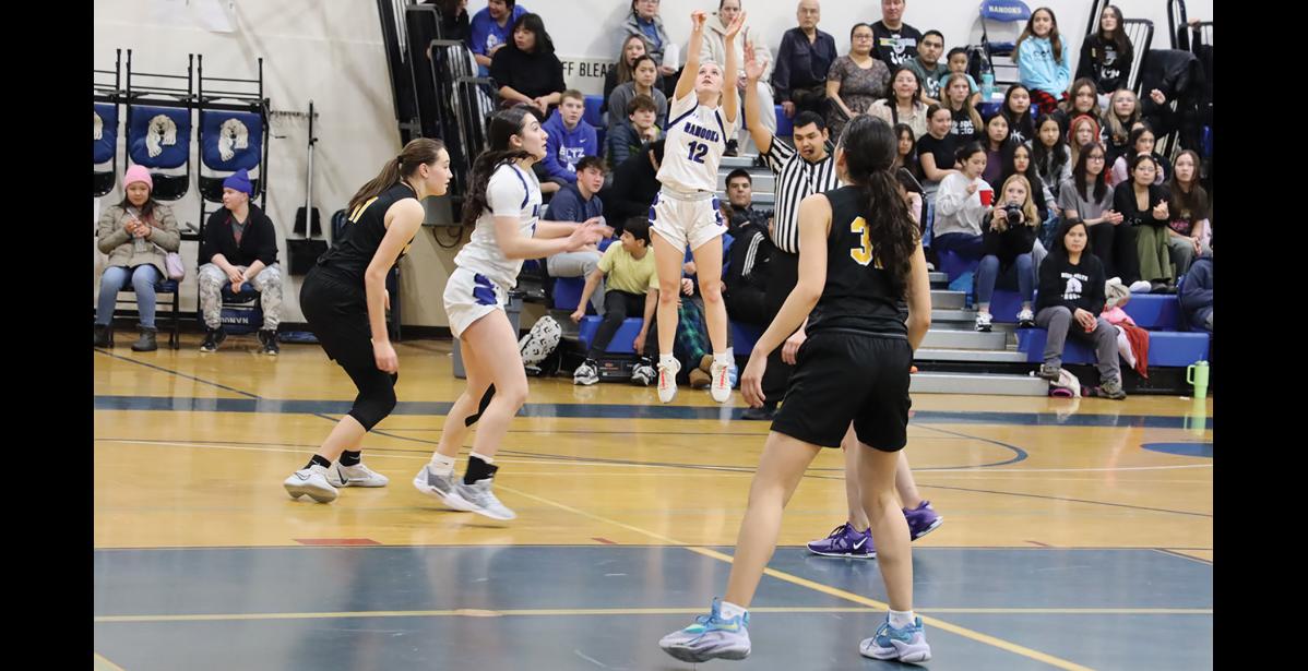 Photo by Anna Lionas Nanook Cassidy Martinson takes a three-point shot.