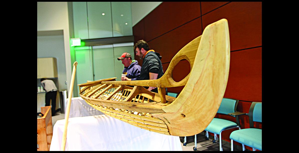 KING ISLAND KAYAK— NACTEC students constructed a King Island Style Kayak under the tutelage of Master Kayak builder Maligiaq Padilla. Photo by Nils Hahn