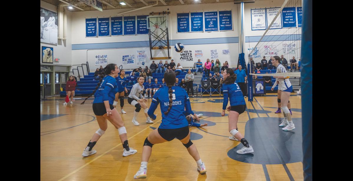 SCRAMBLE – Nanooks scramble for the ball during an afternoon game against the Kotzebue Huskies on Saturday, September 12 at the Nome-Beltz gym. Photo by Ariana Crockett O'Harra