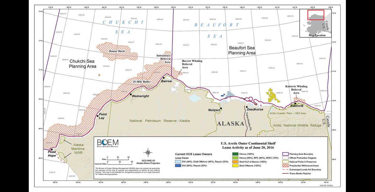 Map courtesy of BOEM OUTER CONTINENTAL SHELF LEASES— The map shows active industry leases in the Chukchi and Beaufort Seas.
