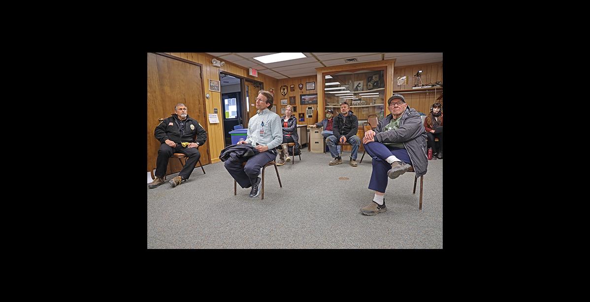 Photo by Diana Haecker COUNCIL MEETING— Due to small space at the Council Chambers and social distancing orders still in place, only a few people could attend in person Monday’s City Council meeting. Pictured are left to right, NPD Acting Chief Mike Heintzelman, Dr. Mark Peterson, Jessica Farley, Tom Gray, Ryan Martinson, Howard Farley and Emily Hofstaedter.