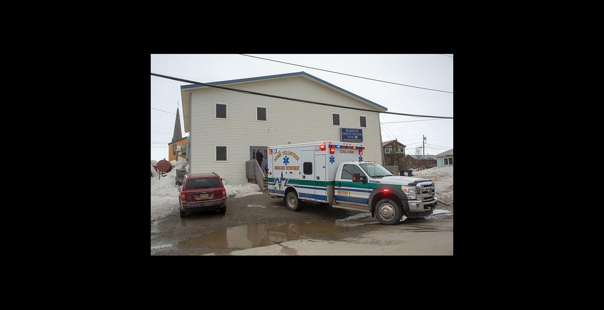 Photo by James Mason FIRST RESPONSE –– A Nome ambulance responds to the NEST shelter to take care of a man who'd fallen and was bleeding. The Nome Emergency Shelter Team, NEST for short, offers shelter at night from November through April. This week, it closed for the season.