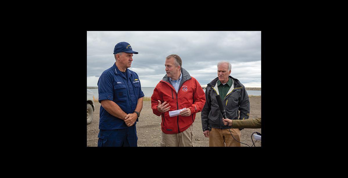 Photo by James Mason DEEP WATER PORT—The Coast Guard’s Admiral Karl Schultz, left, Senator Dan Sullivan, and Secretary of the Navy Richard Spencer spoke about their visit to Nome in search of a deep water port to serve the Arctic