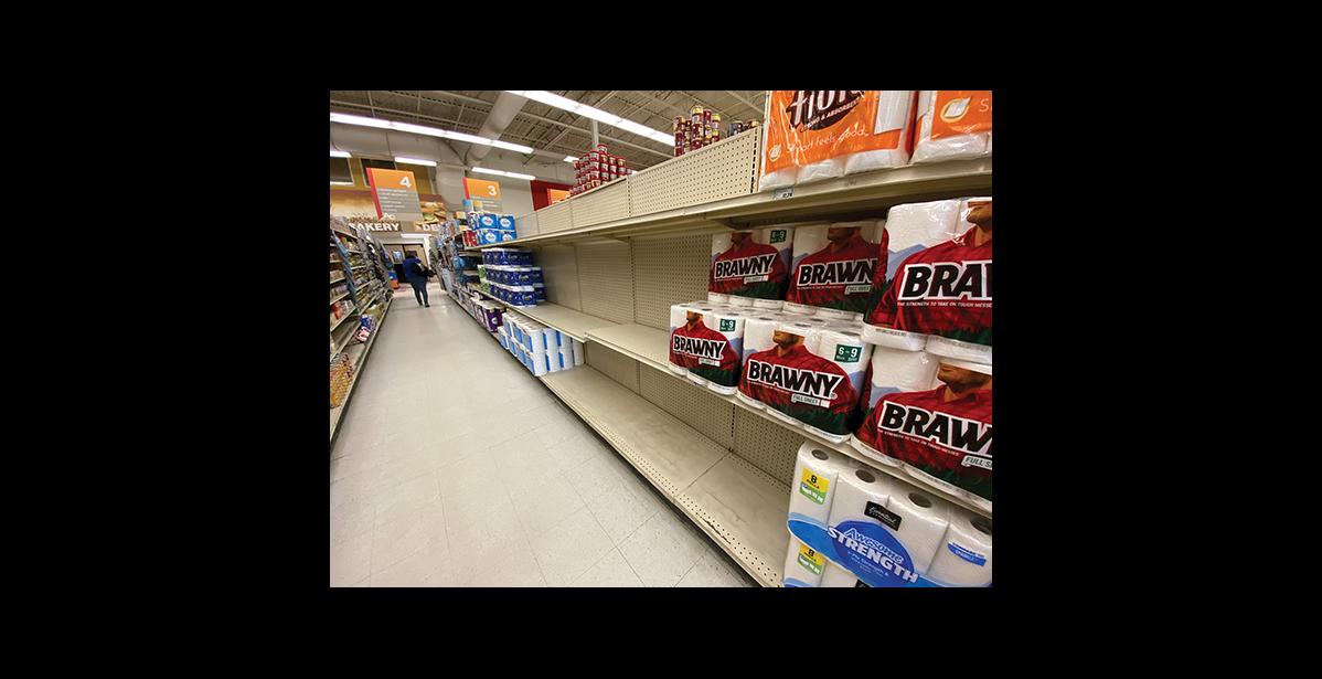 Photo by James Mason STILL CATCHING UP – While most inventory is back up to the mark paper goods, particularly toilet paper, remains in short supply.