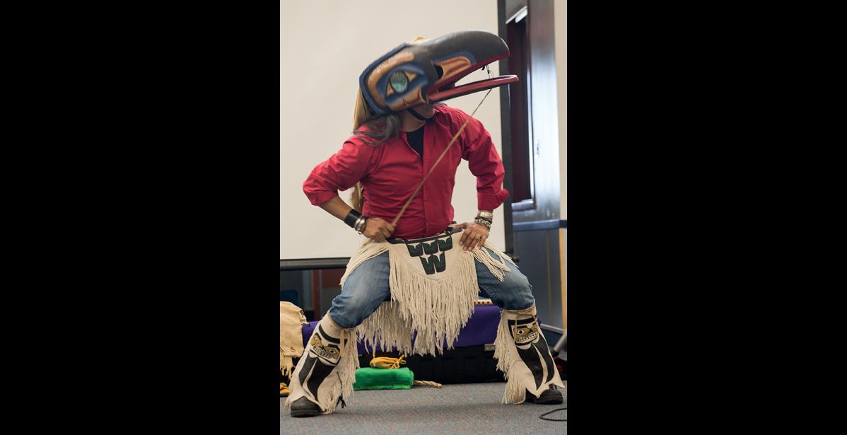 Photo by James Mason Gene Tagaban performed a Raven Dance at the Wellness Conference. Tagaban told how he became a raven dancer, from his first interest as a child and how he developed into performing the raven dance. He donned his raven regalia and performed the dance.