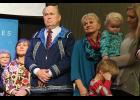 Photo by Julie St. Louis LISTENING— Lt. Gov. Valerie Davidson, Gov. Bill Walker, First Lady Donna Walker and daughter, Lindsay (Walker) Hobson on stage listening to various tribal representatives express their appreciation and sadness at Walker’s announcement.